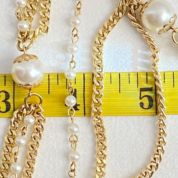 Sarah Coventry Opera Station Necklace layered Gold Tone Chains Faux Pearl Accent - Picture 10 of 11